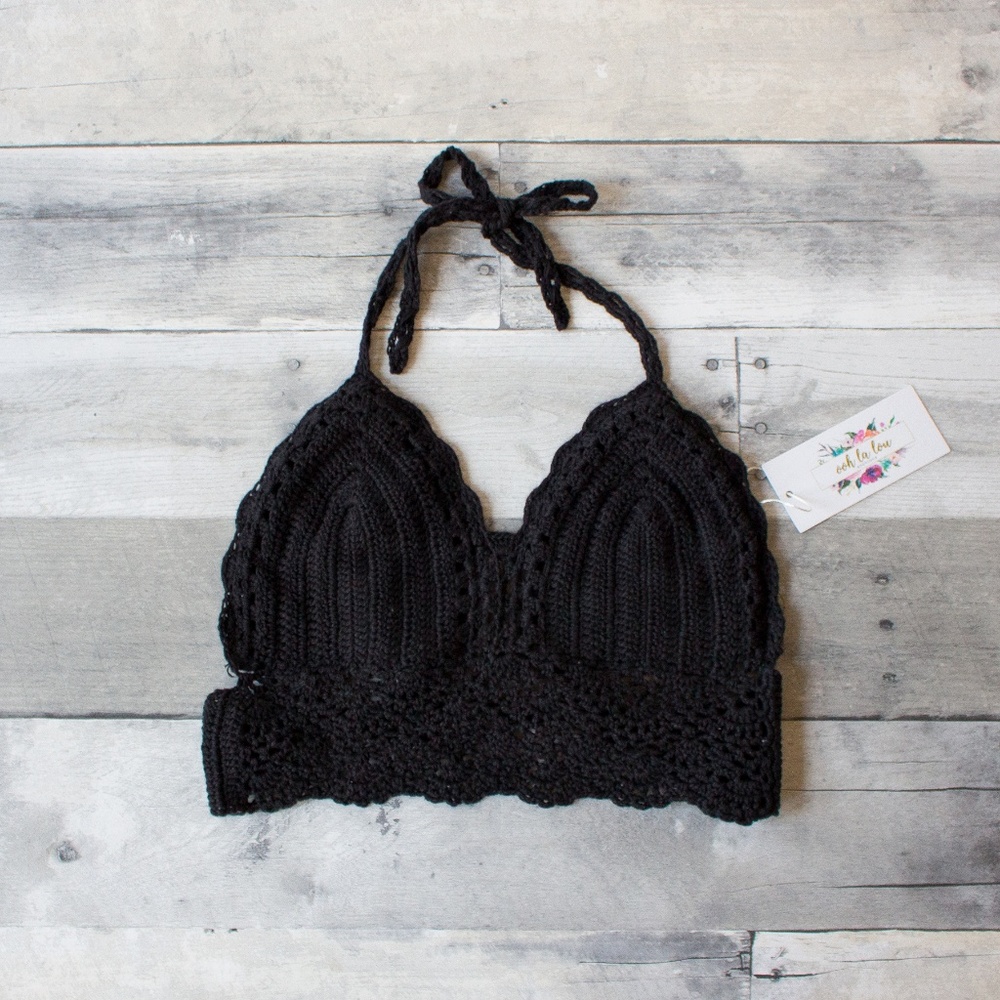 Boho Halter Crochet Crop Wine Bralette Swim Top - Picture 4 of 5